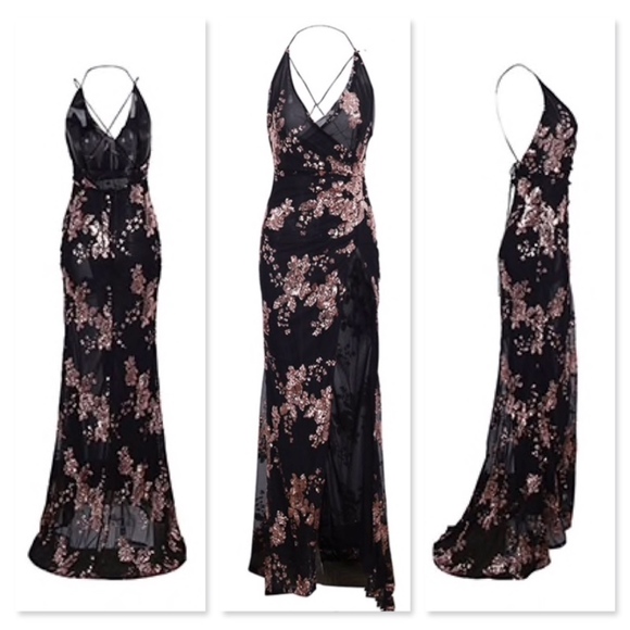 Sequined Mesh V-Neck Backless Hi Slit Long Dress - Picture 4 of 11